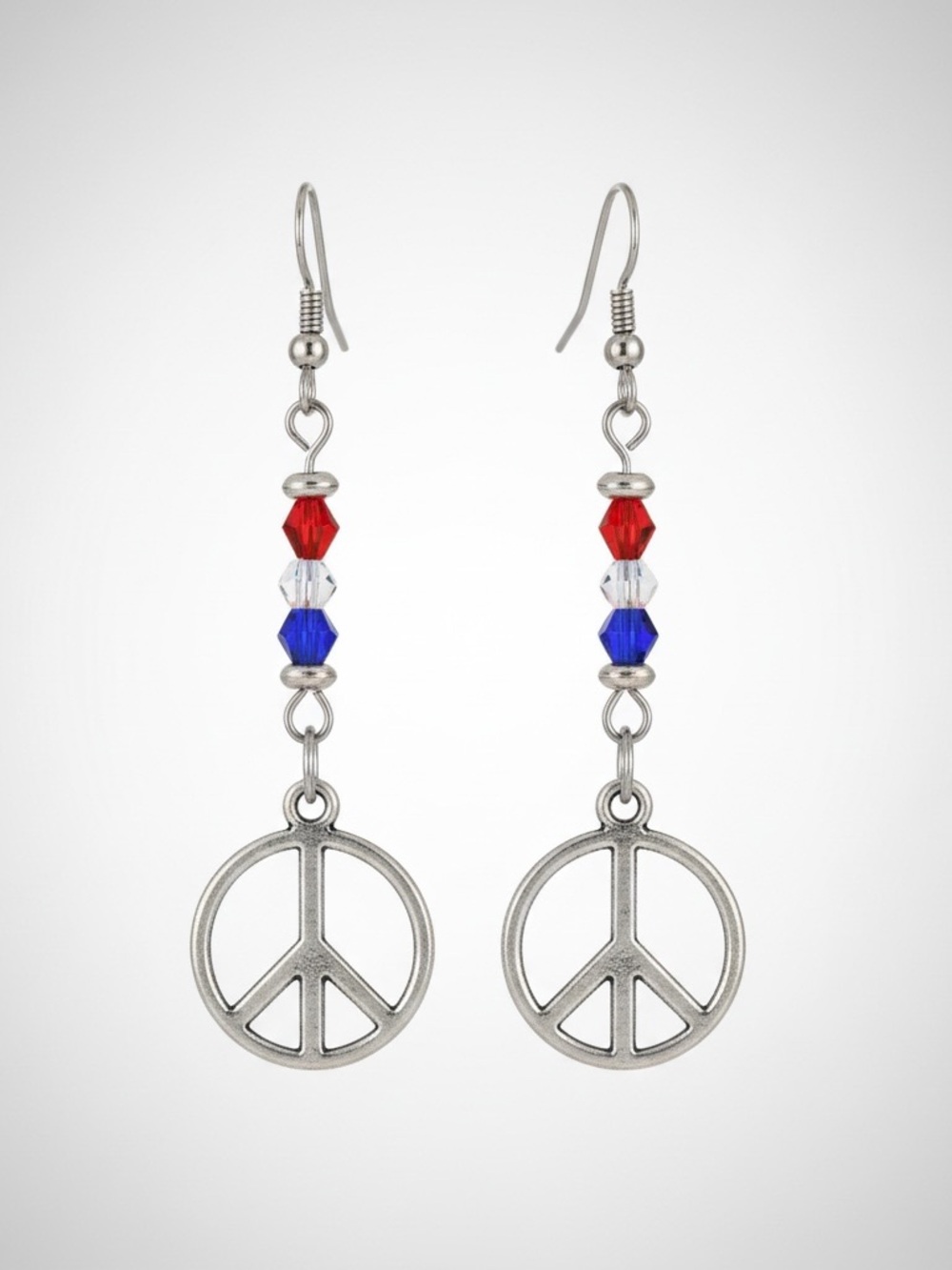 Antique Silver Patriotic Peace Sign Earrings with Red, Clear and Blue Crystals